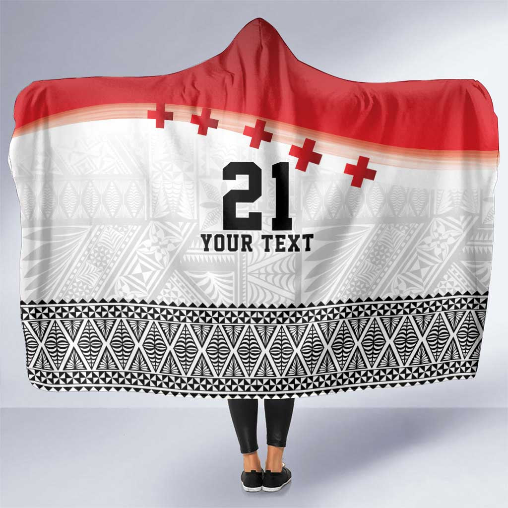 Ikale Tahi Pacific Tonga Rugby Custom Hooded Blanket Tongan Ngatu with Flag Pattern
