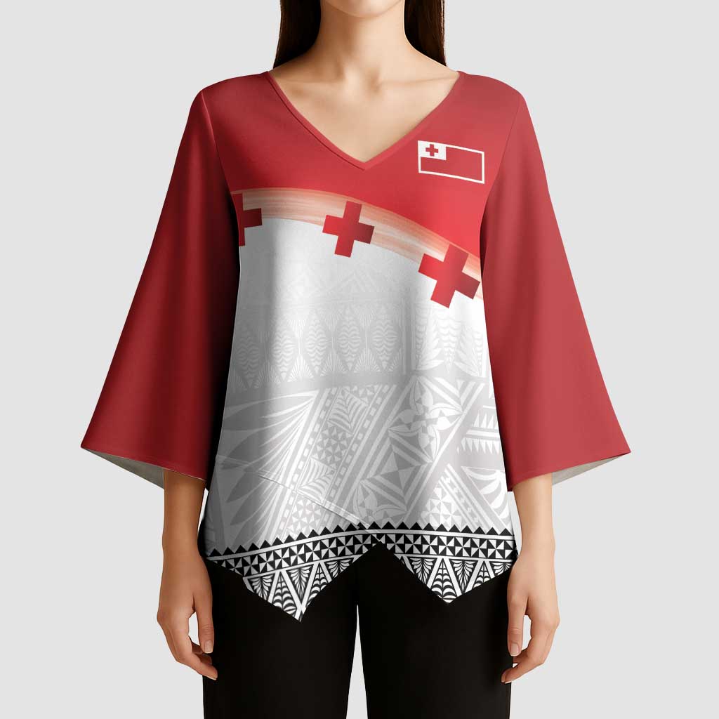 Ikale Tahi Pacific Tonga Rugby Custom Kimono Sleeve Blouse Tongan Ngatu with Flag Pattern - Polynesian Pride