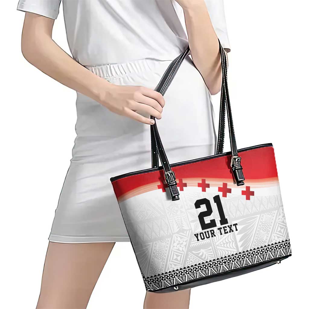 Ikale Tahi Pacific Tonga Rugby Custom Leather Tote Bag Tongan Ngatu with Flag Pattern