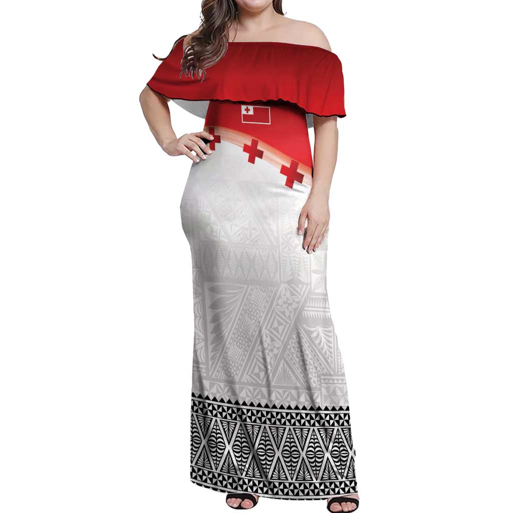 Ikale Tahi Pacific Tonga Rugby Custom Off Shoulder Maxi Dress Tongan Ngatu with Flag Pattern LT9 Women Red - Polynesian Pride