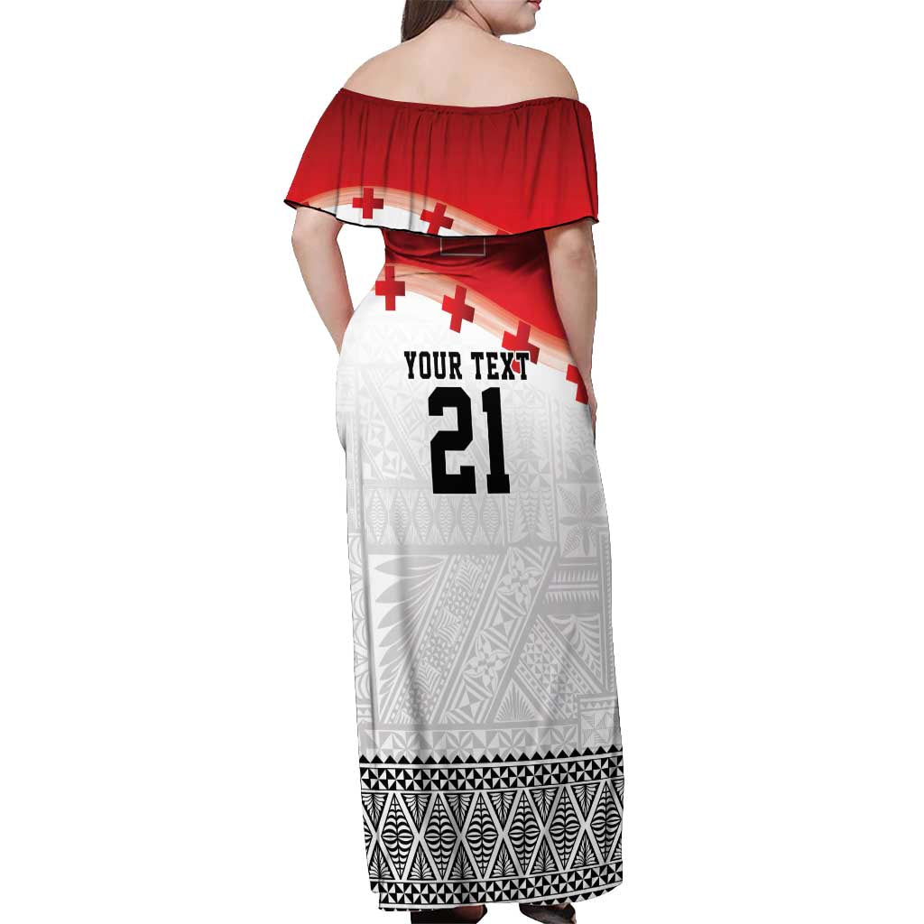 Ikale Tahi Pacific Tonga Rugby Custom Off Shoulder Maxi Dress Tongan Ngatu with Flag Pattern LT9 - Polynesian Pride