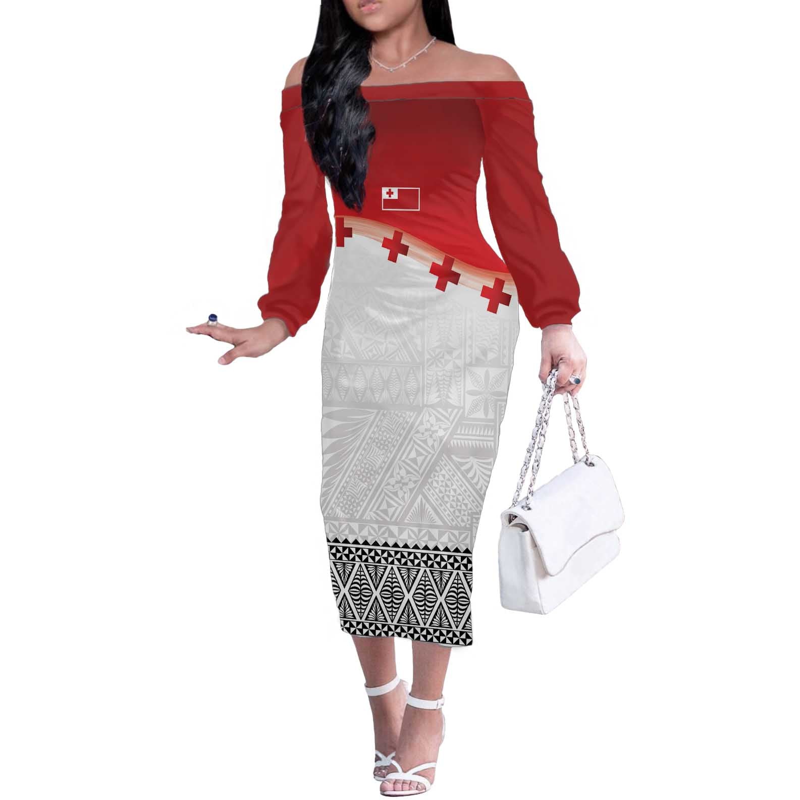 Ikale Tahi Pacific Tonga Rugby Custom Off The Shoulder Long Sleeve Dress Tongan Ngatu with Flag Pattern