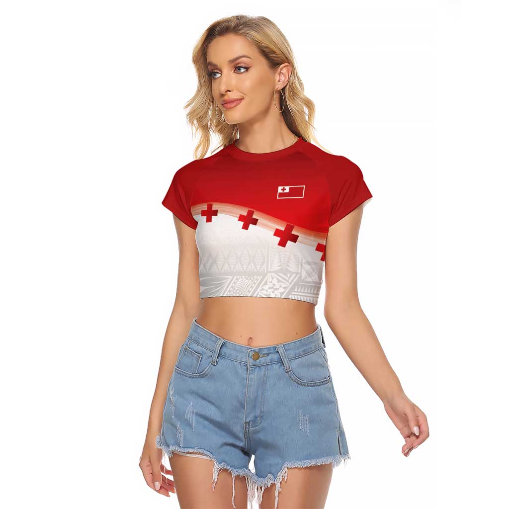 Ikale Tahi Pacific Tonga Rugby Custom Raglan Cropped T Shirt Tongan Ngatu with Flag Pattern LT9 Female Red - Polynesian Pride