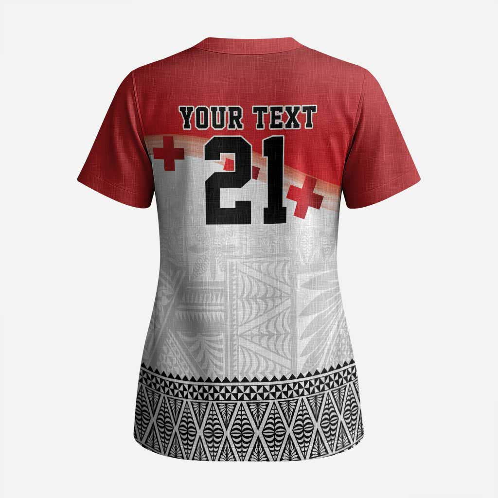 Ikale Tahi Pacific Tonga Rugby Custom Scrub Top Tongan Ngatu with Flag Pattern - Polynesian Pride