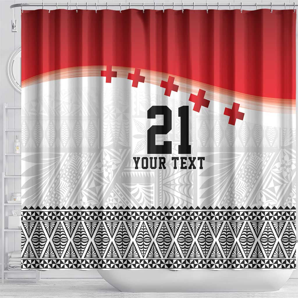 Ikale Tahi Pacific Tonga Rugby Custom Shower Curtain Tongan Ngatu with Flag Pattern