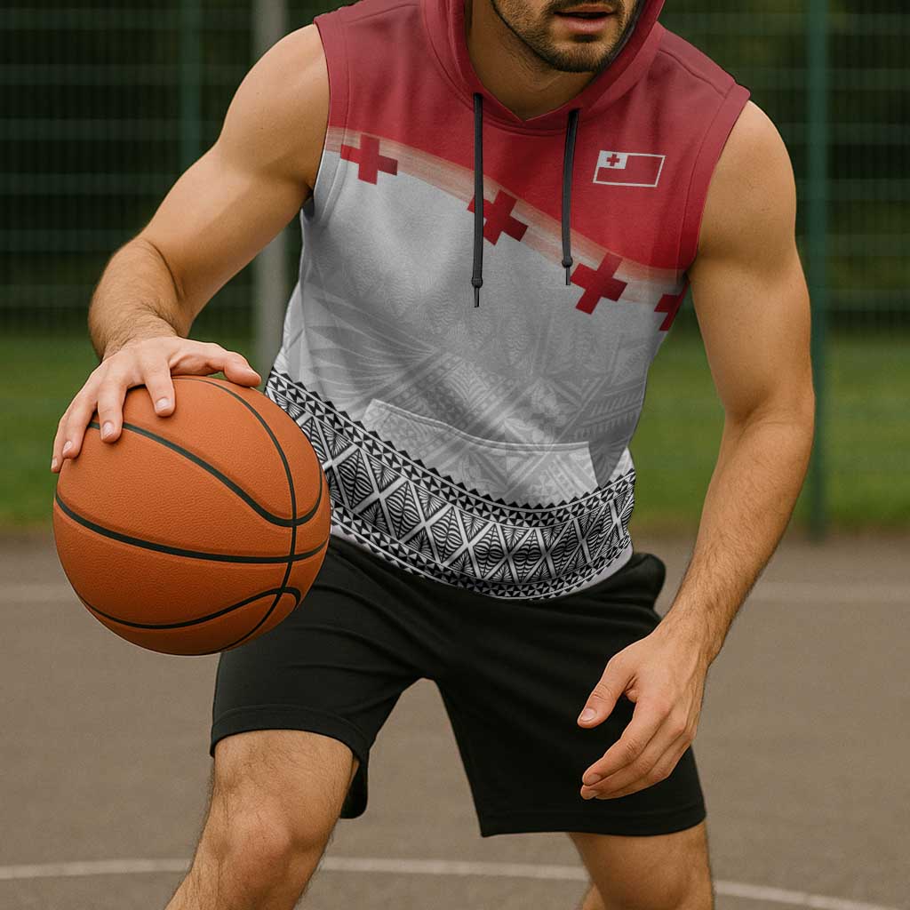 Ikale Tahi Pacific Tonga Rugby Custom Sleeveless Hoodie Tongan Ngatu with Flag Pattern - Polynesian Pride