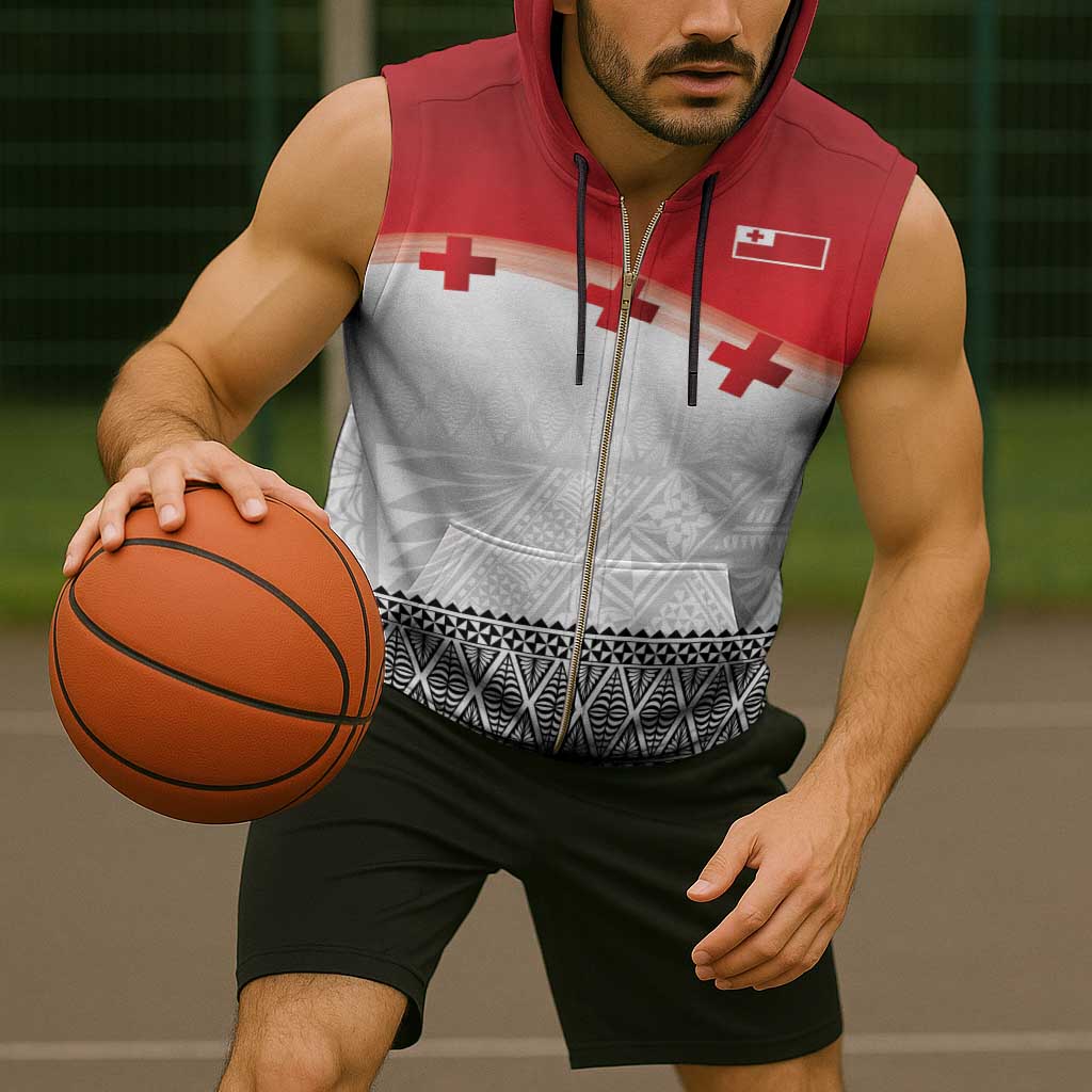 Ikale Tahi Pacific Tonga Rugby Custom Sleeveless Zip Hoodie Tongan Ngatu with Flag Pattern - Polynesian Pride
