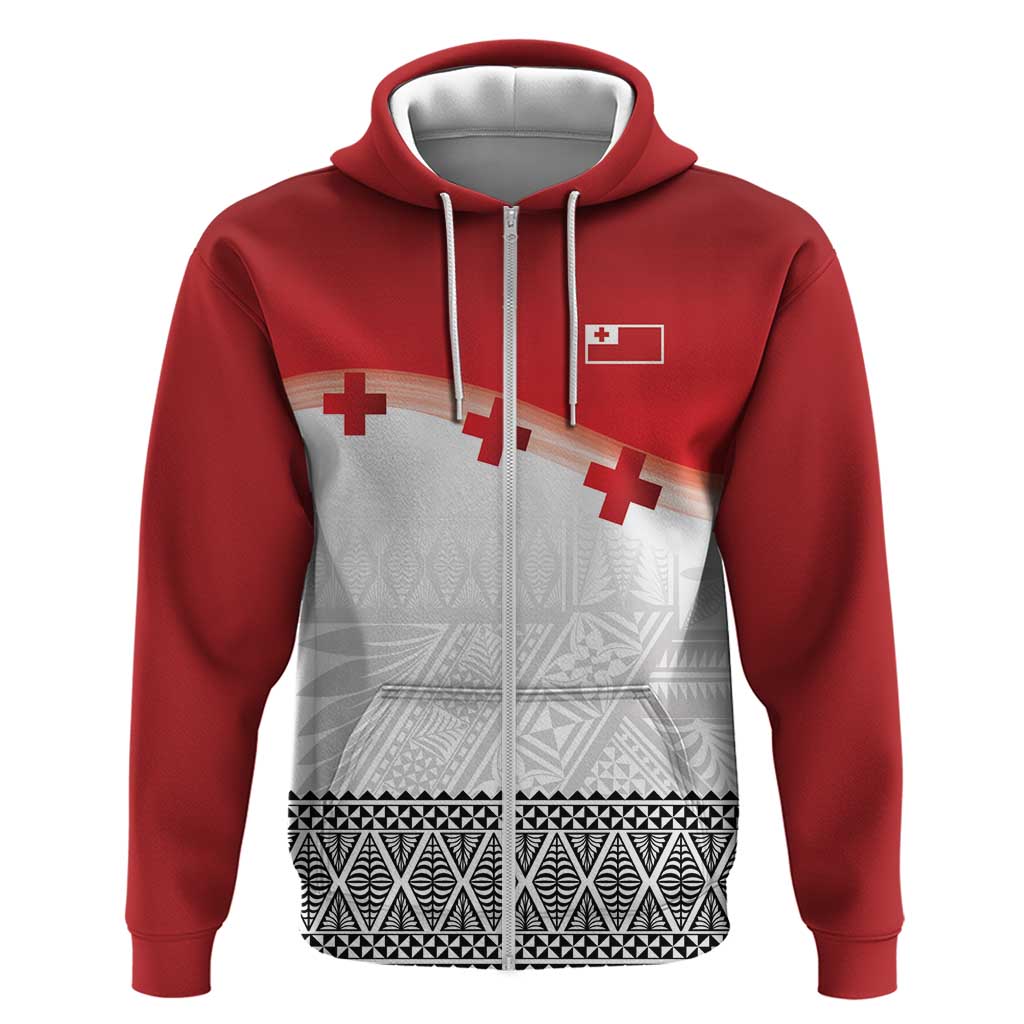 Ikale Tahi Pacific Tonga Rugby Custom Zip Hoodie Tongan Ngatu with Flag Pattern