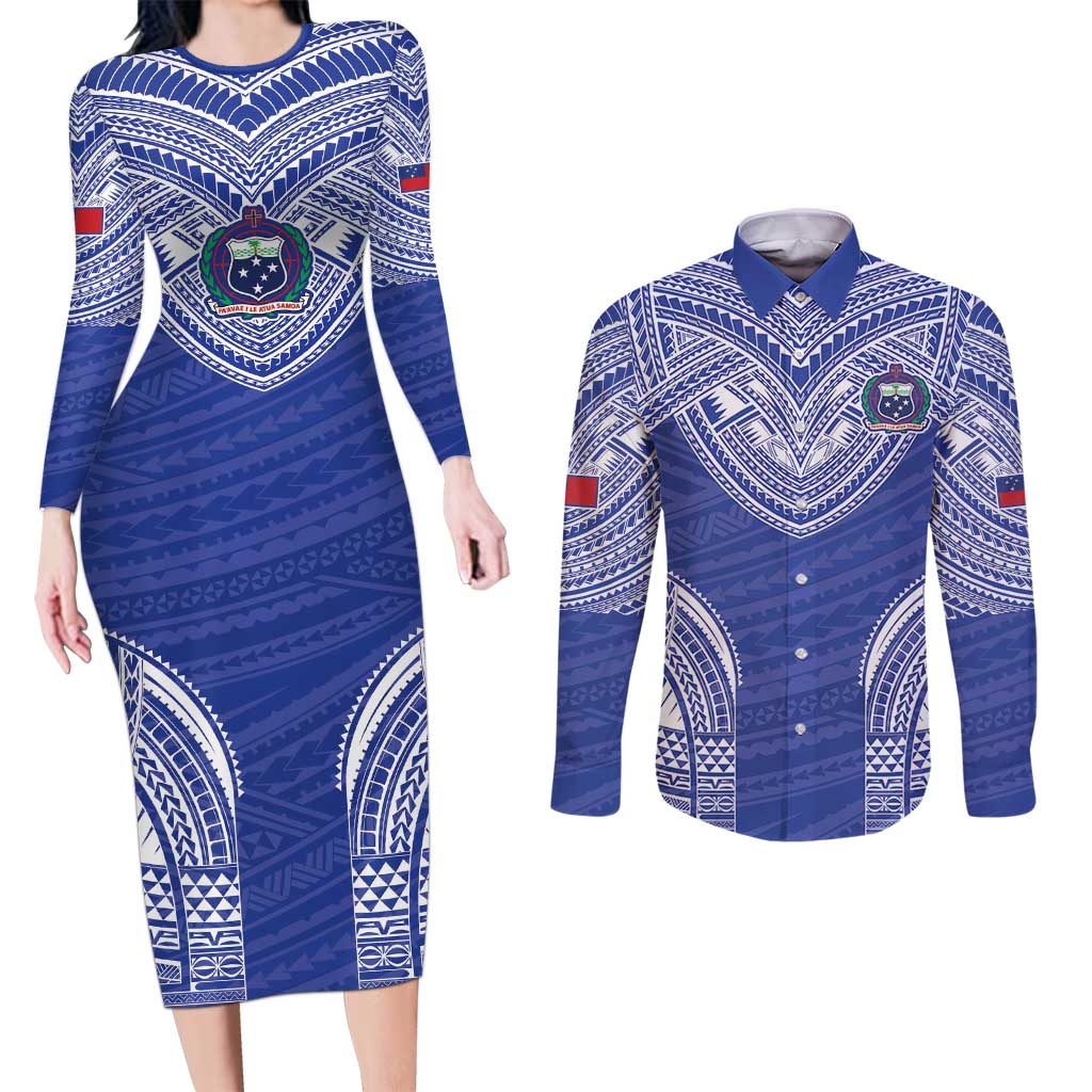 Manu Samoa Pacific Samoa Rugby Custom Couples Matching Long Sleeve Bodycon Dress and Long Sleeve Button Shirt Polynesian Pattern