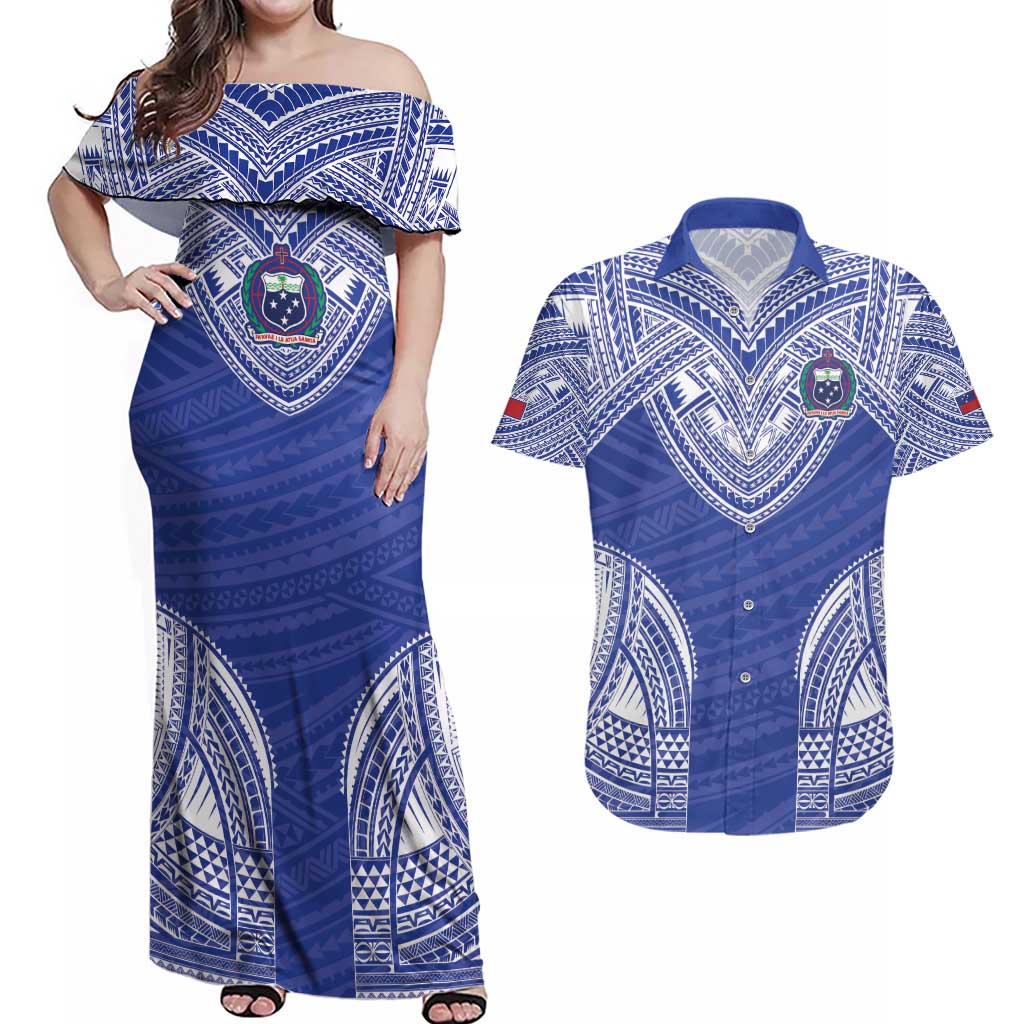 Manu Samoa Pacific Samoa Rugby Custom Couples Matching Off Shoulder Maxi Dress and Hawaiian Shirt Polynesian Pattern