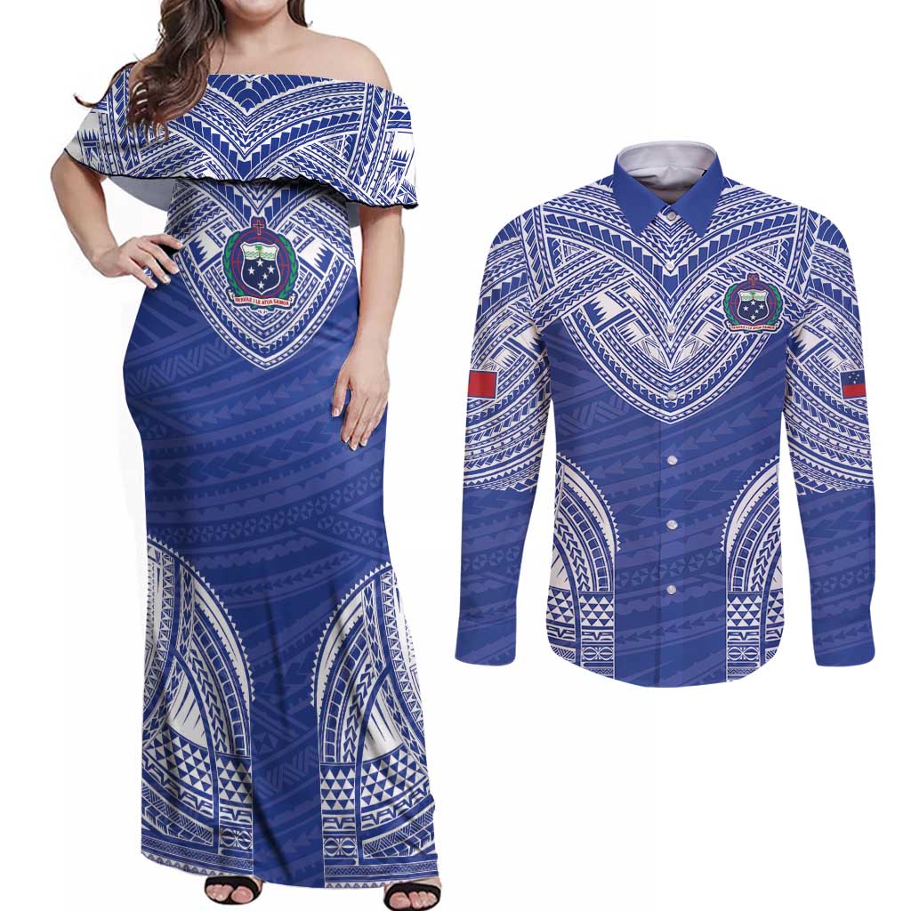Manu Samoa Pacific Samoa Rugby Custom Couples Matching Off Shoulder Maxi Dress and Long Sleeve Button Shirt Polynesian Pattern