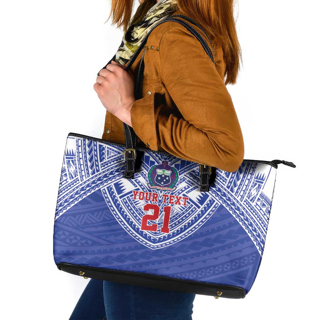 Manu Samoa Pacific Samoa Rugby Custom Leather Tote Bag Polynesian Pattern LT9 Blue - Polynesian Pride