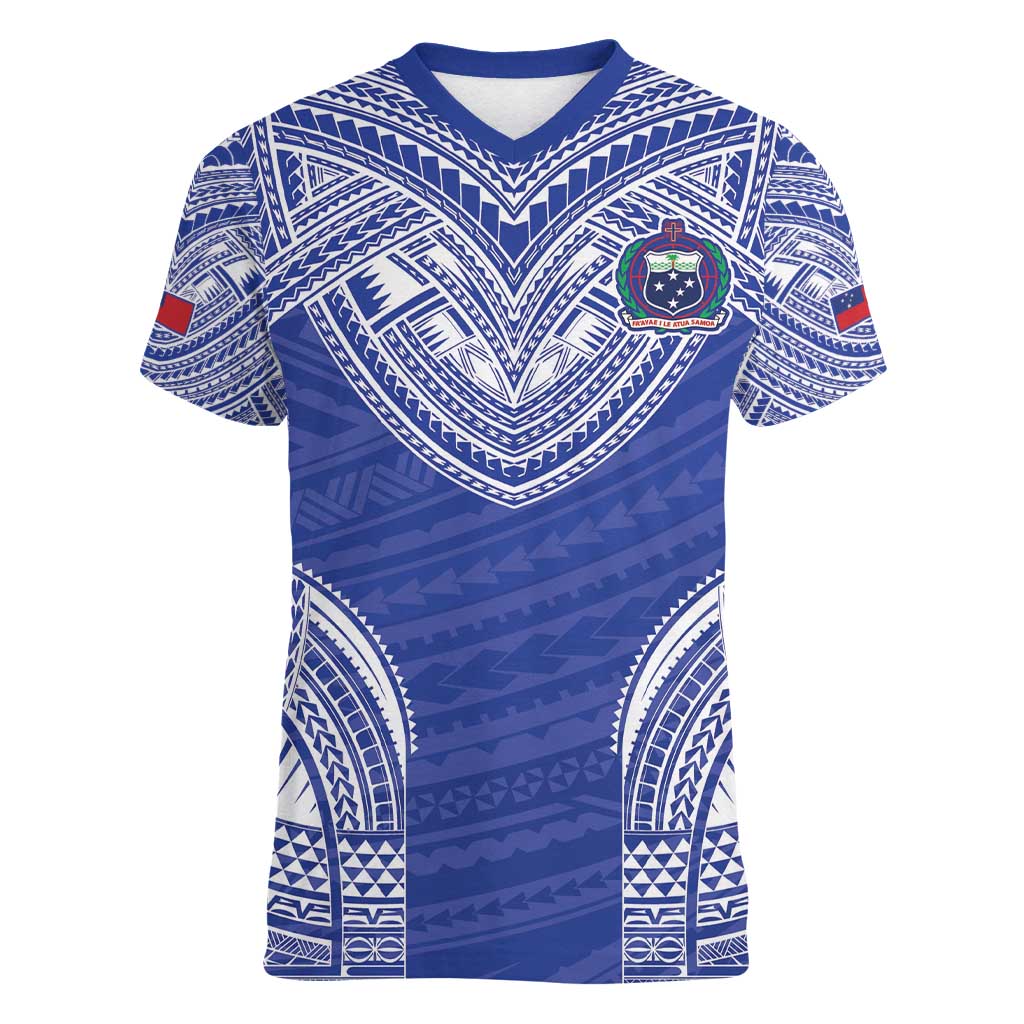 Manu Samoa Pacific Samoa Rugby Custom Women V-Neck T-Shirt Polynesian Pattern