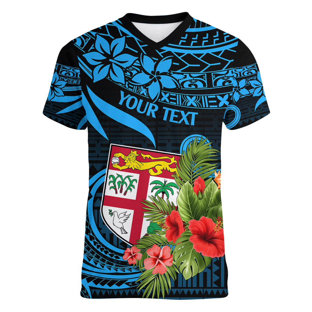 Custom Fiji Islands Women V Neck T Shirt With Polynesian Tribal Happy National Day LT9 Female Blue - Polynesian Pride