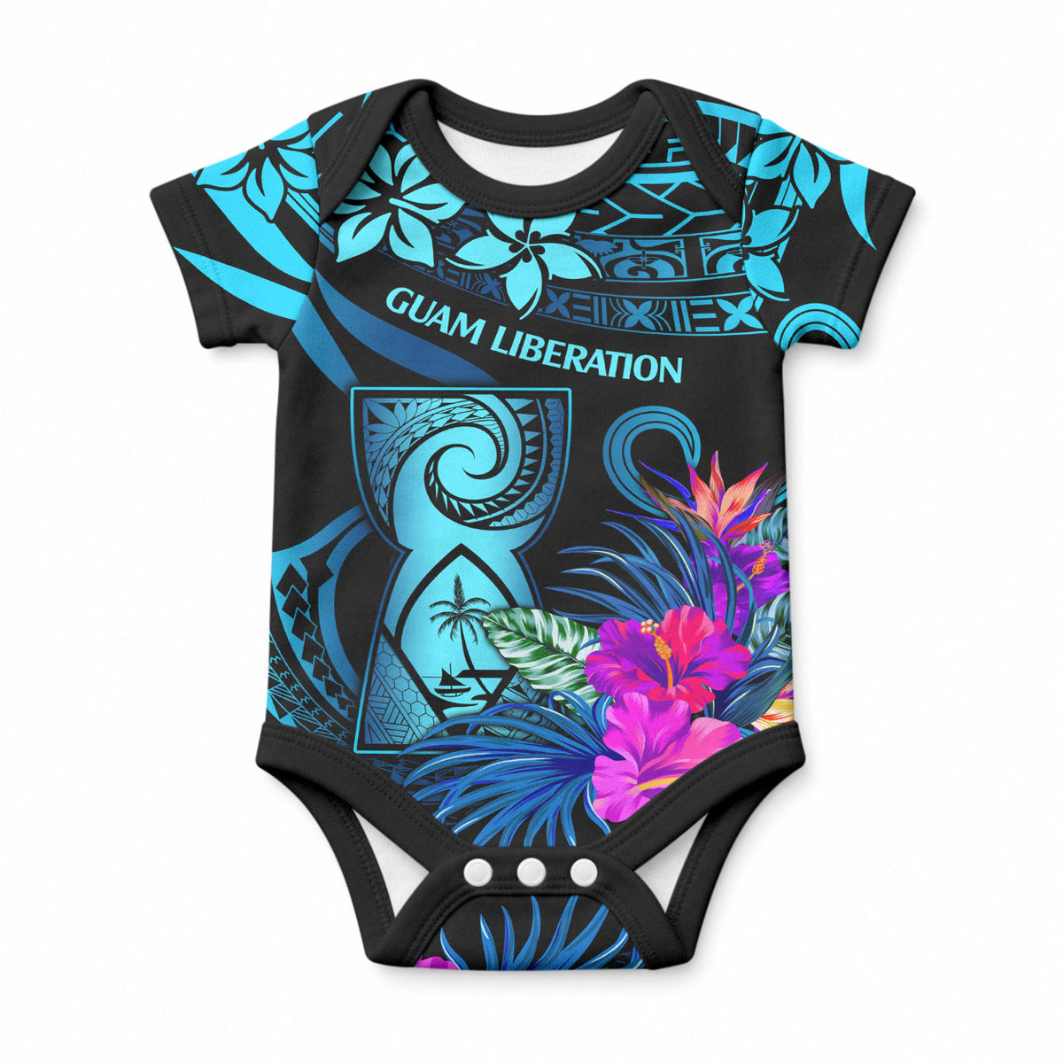 Polynesian Guam Baby Onesie With Latte Stone Happy Liberation Day LT9 Blue - Polynesian Pride
