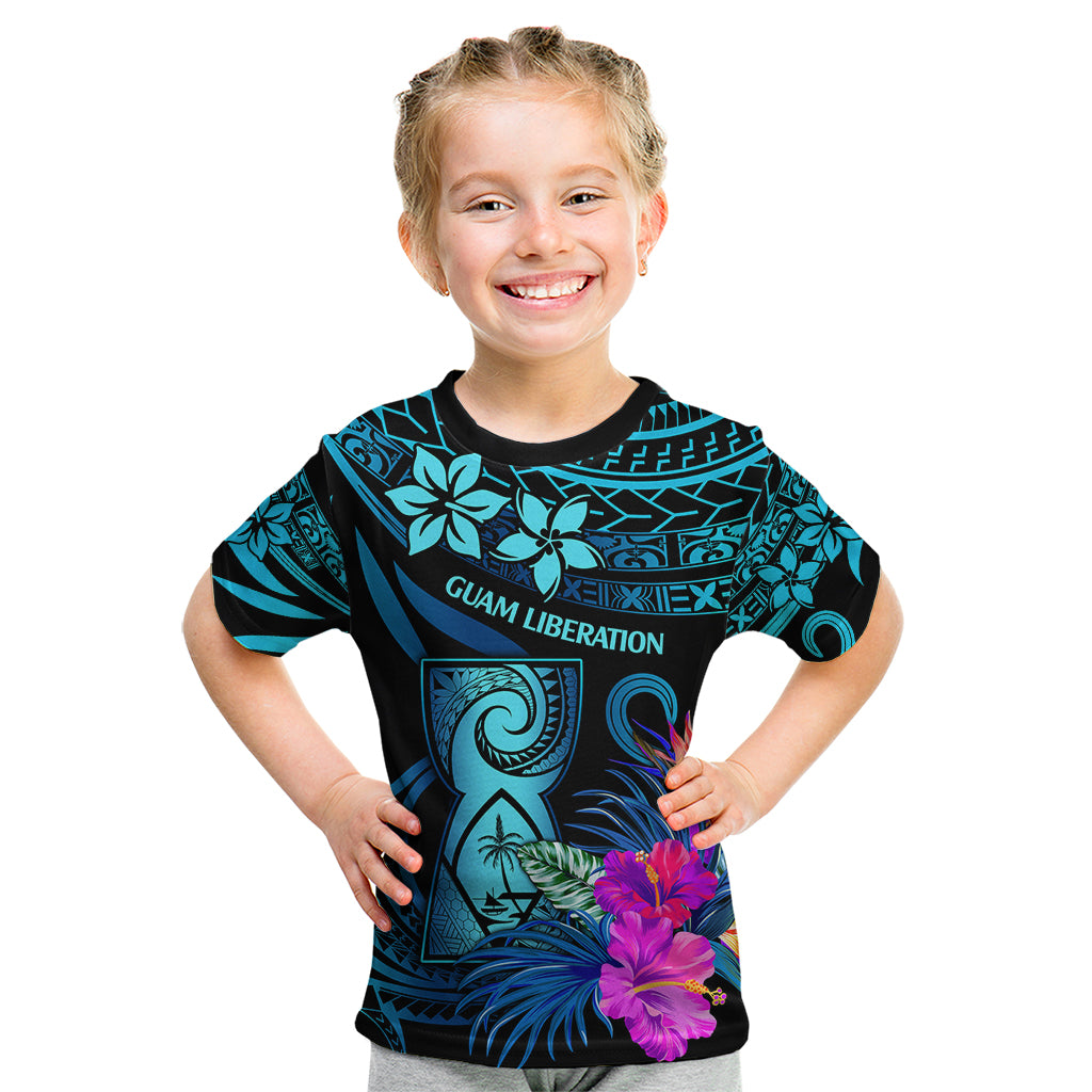 Polynesian Guam Kid T Shirt With Latte Stone Happy Liberation Day LT9 Blue - Polynesian Pride
