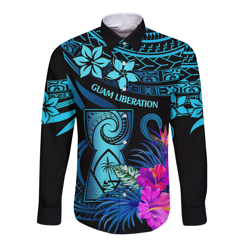 Polynesian Guam Long Sleeve Button Shirt With Latte Stone Happy Liberation Day LT9 Unisex Blue - Polynesian Pride