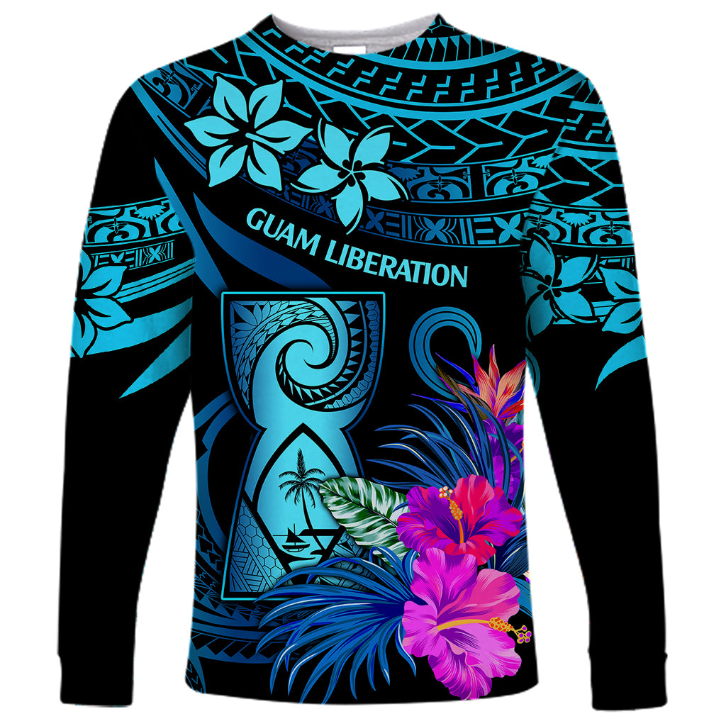 Polynesian Guam Long Sleeve Shirt With Latte Stone Happy Liberation Day LT9 Unisex Blue - Polynesian Pride