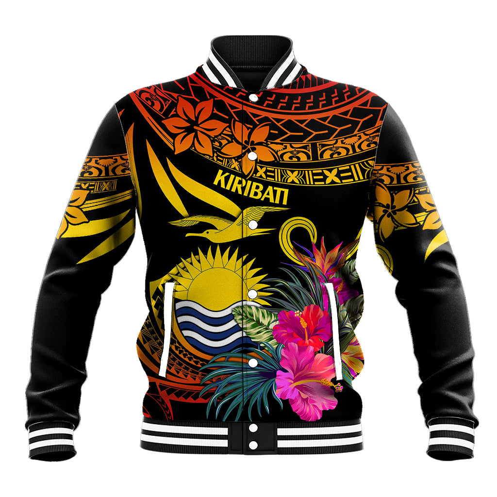 Polynesian Kiribati Independence Day Baseball Jacket Kiribati Emblem with Hibiscus Pacific Beauty LT9 Unisex Gradient Red - Polynesian Pride