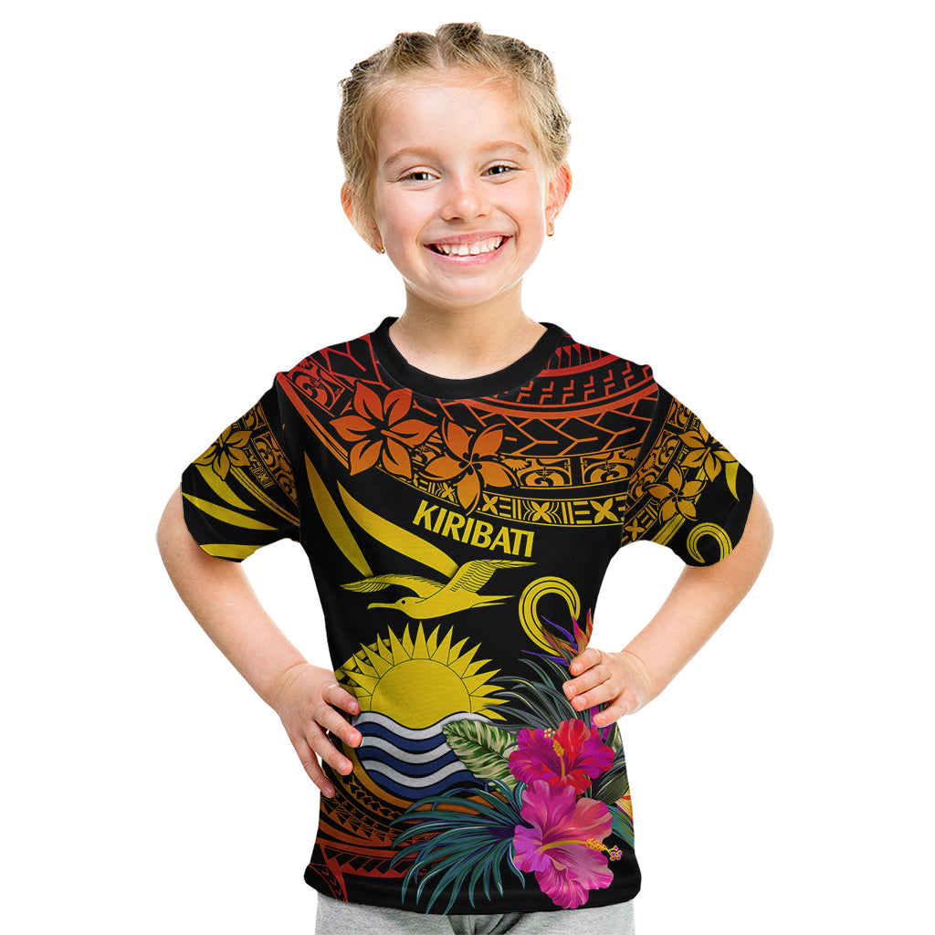 Polynesian Kiribati Independence Day Kid T Shirt Kiribati Emblem with Hibiscus Pacific Beauty LT9 Gradient Red - Polynesian Pride