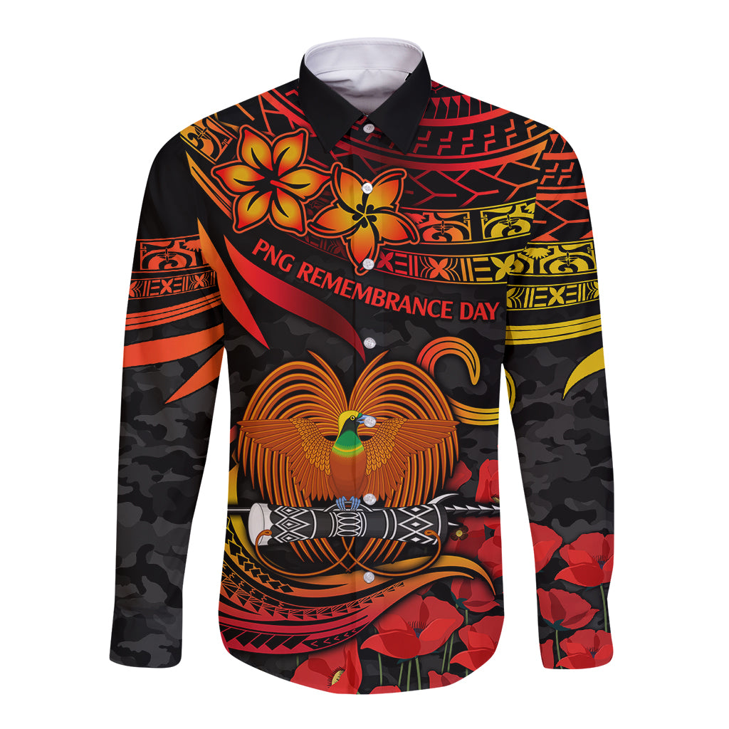PNG Remembrance Day Long Sleeve Button Shirt Polynesian Tribal and Poppy LT9 Unisex Red - Polynesian Pride
