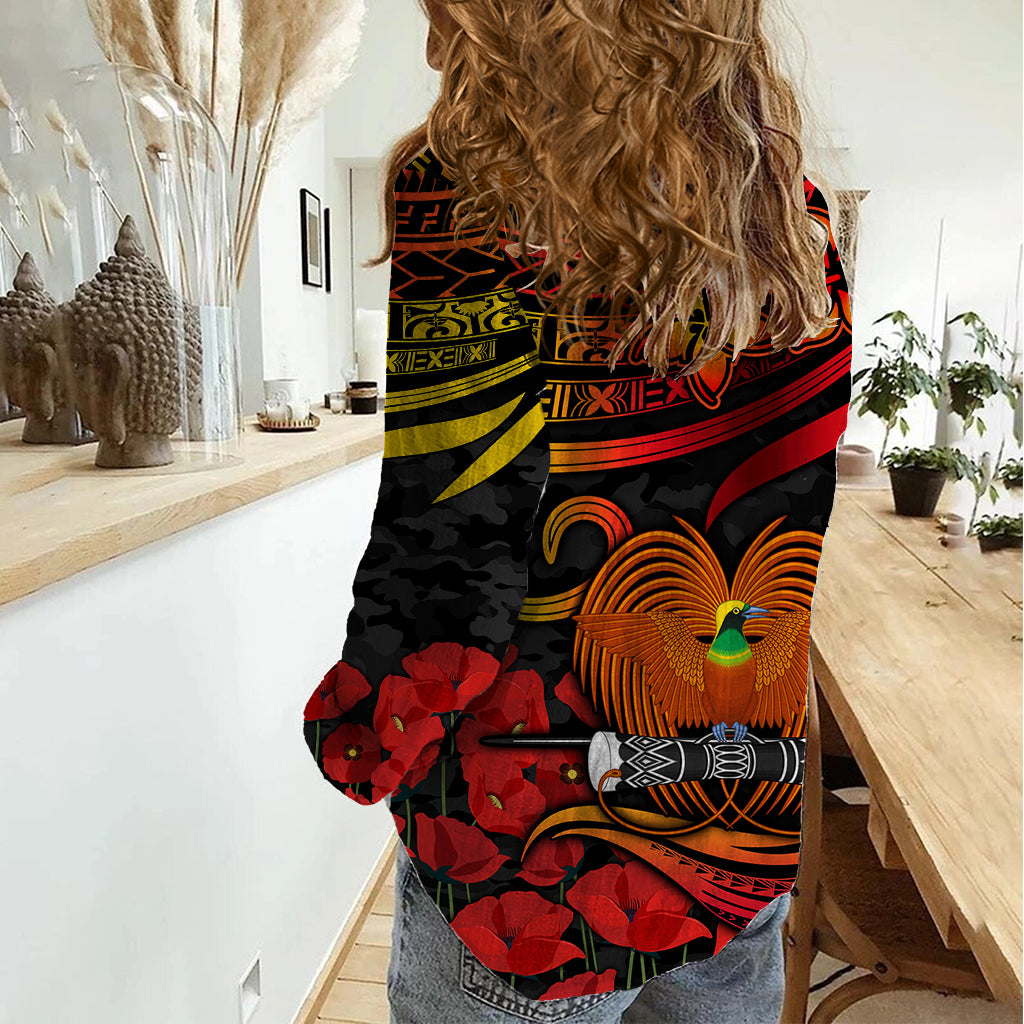 PNG Remembrance Day Women Casual Shirt Polynesian Tribal and Poppy LT9 - Polynesian Pride
