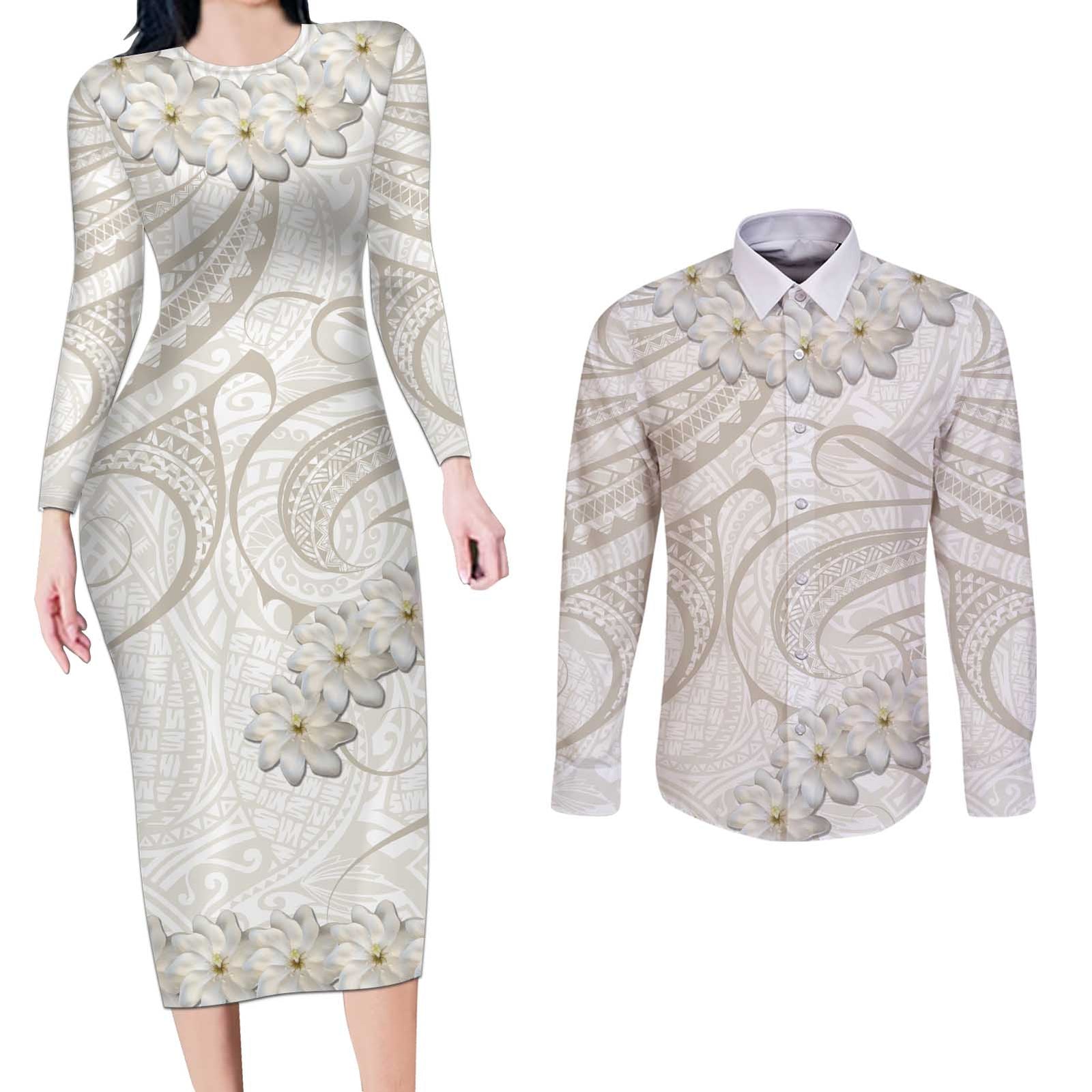 Tokelau Gardenia Thunbergia Couples Matching Long Sleeve Bodycon Dress and Long Sleeve Button Shirt Black Polynesian Art Vibe