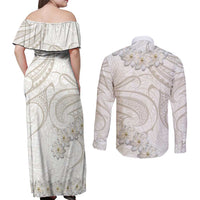 Tokelau Gardenia Thunbergia Couples Matching Off Shoulder Maxi Dress and Long Sleeve Button Shirt Black Polynesian Art Vibe