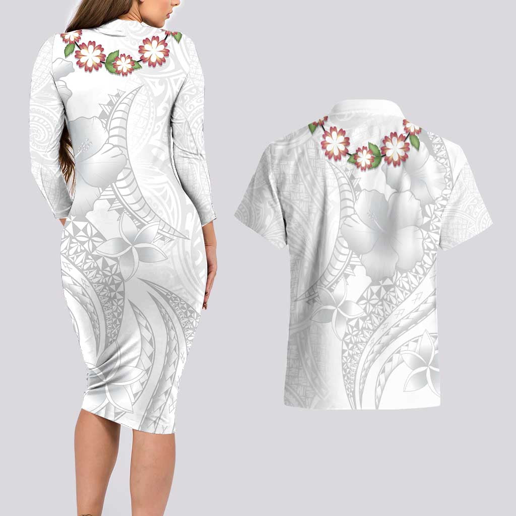 Manuia le Aso Sa o Tamaiti Tonga Couples Matching Long Sleeve Bodycon Dress and Hawaiian Shirt White Sunday Heilala Lei