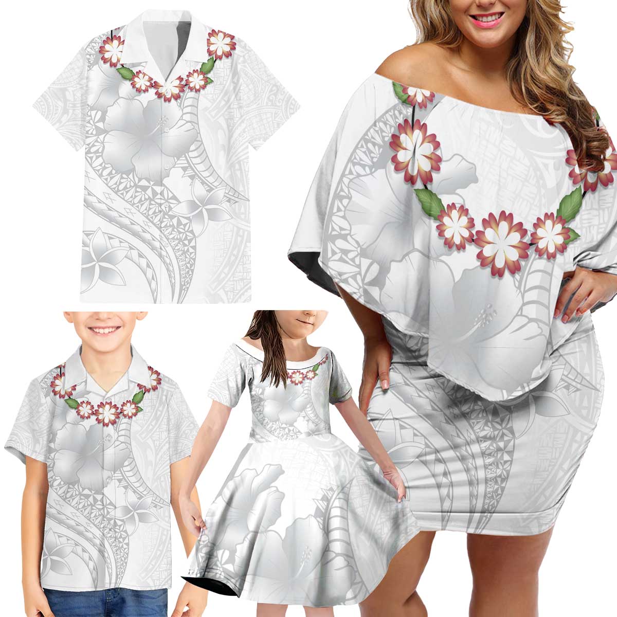 Manuia le Aso Sa o Tamaiti Tonga Family Matching Off Shoulder Short Dress and Hawaiian Shirt White Sunday Heilala Lei