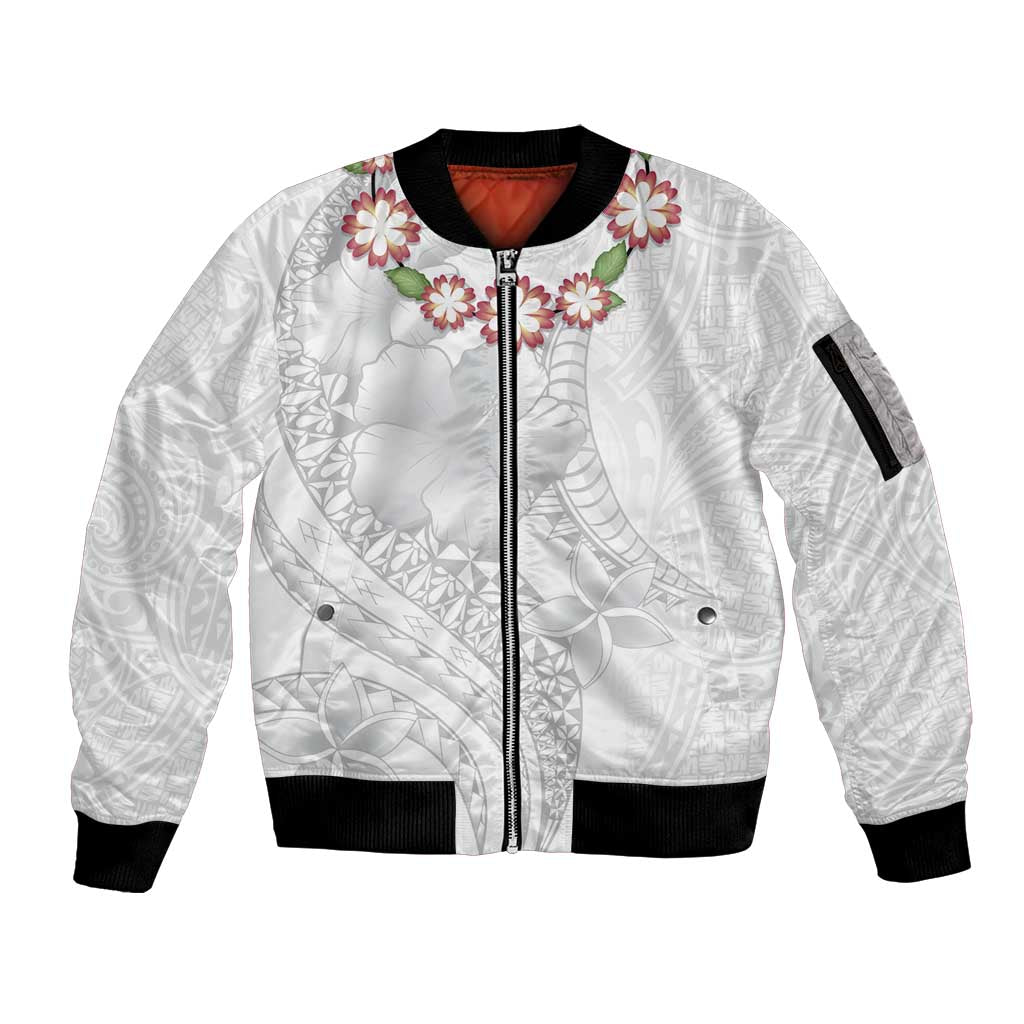 Manuia le Aso Sa o Tamaiti Tonga Sleeve Zip Bomber Jacket White Sunday Heilala Lei