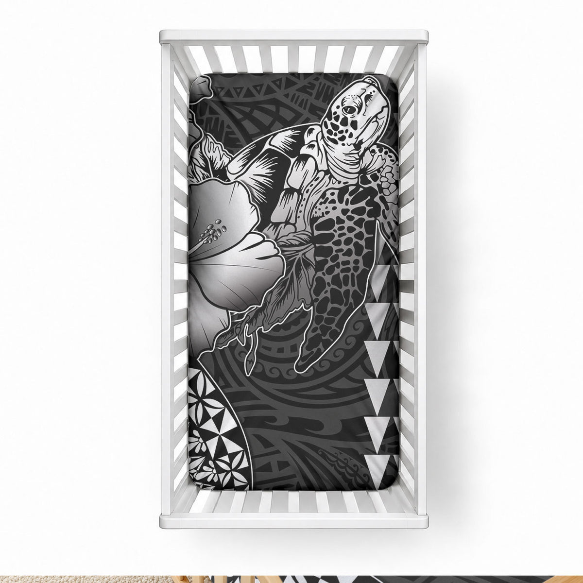 Hawaiian Sea Turtle Baby Bed Cover Black Hibiscus Flowers and Kakau Pattern LT9 28 × 52 in Black - Polynesian Pride