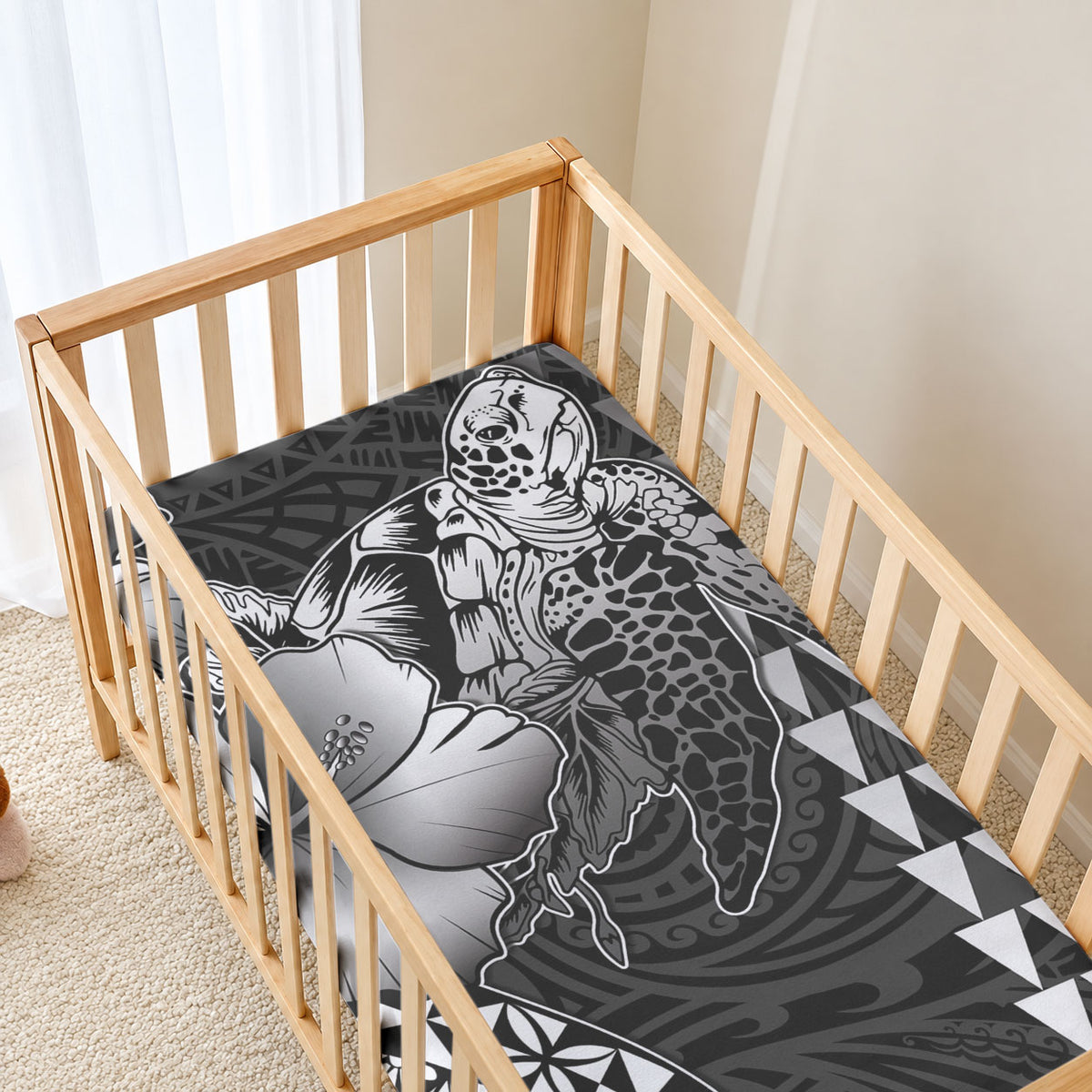 Hawaiian Sea Turtle Baby Bed Cover Black Hibiscus Flowers and Kakau Pattern LT9 - Polynesian Pride