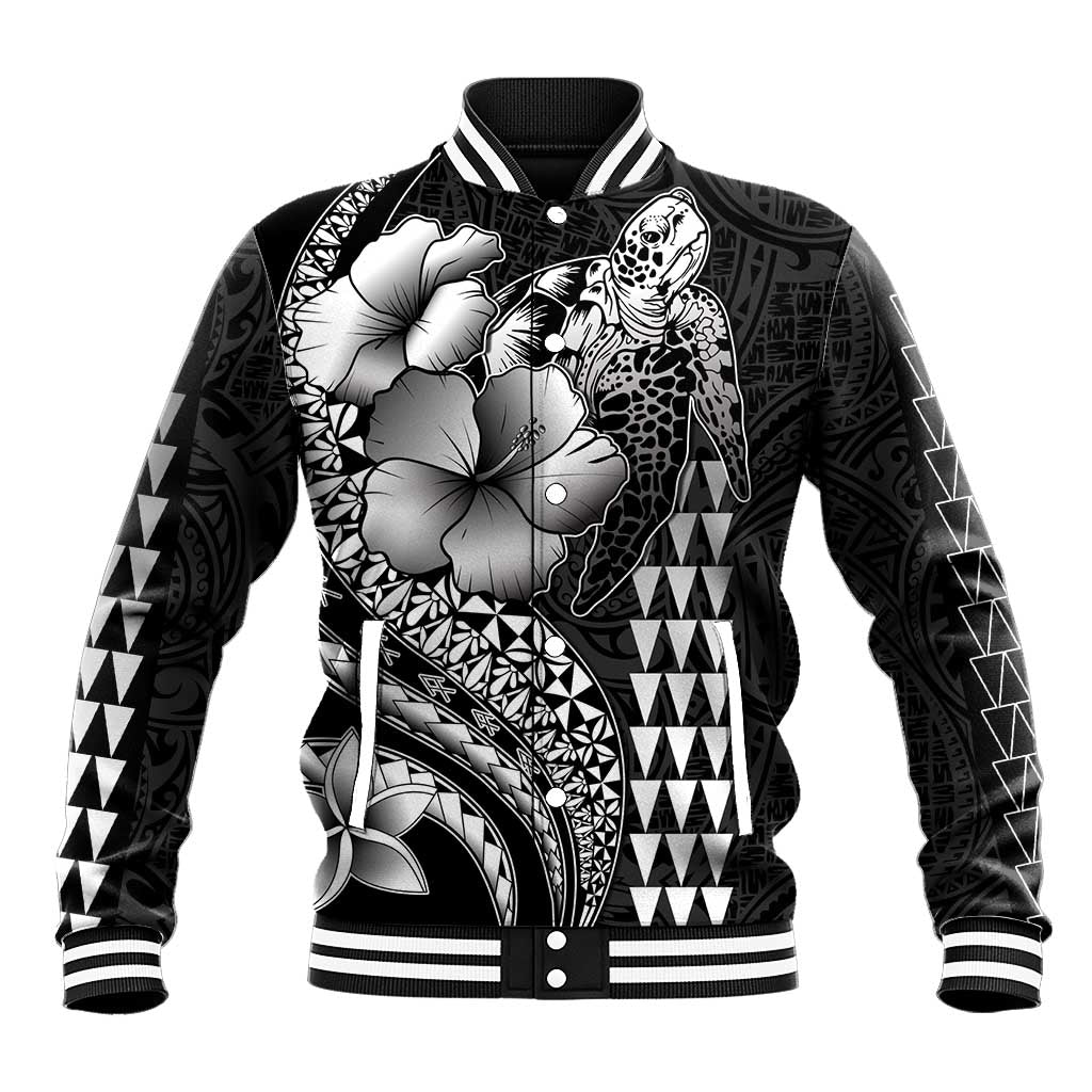 Hawaiian Sea Turtle Baseball Jacket Black Hibiscus Flowers and Kakau Pattern
