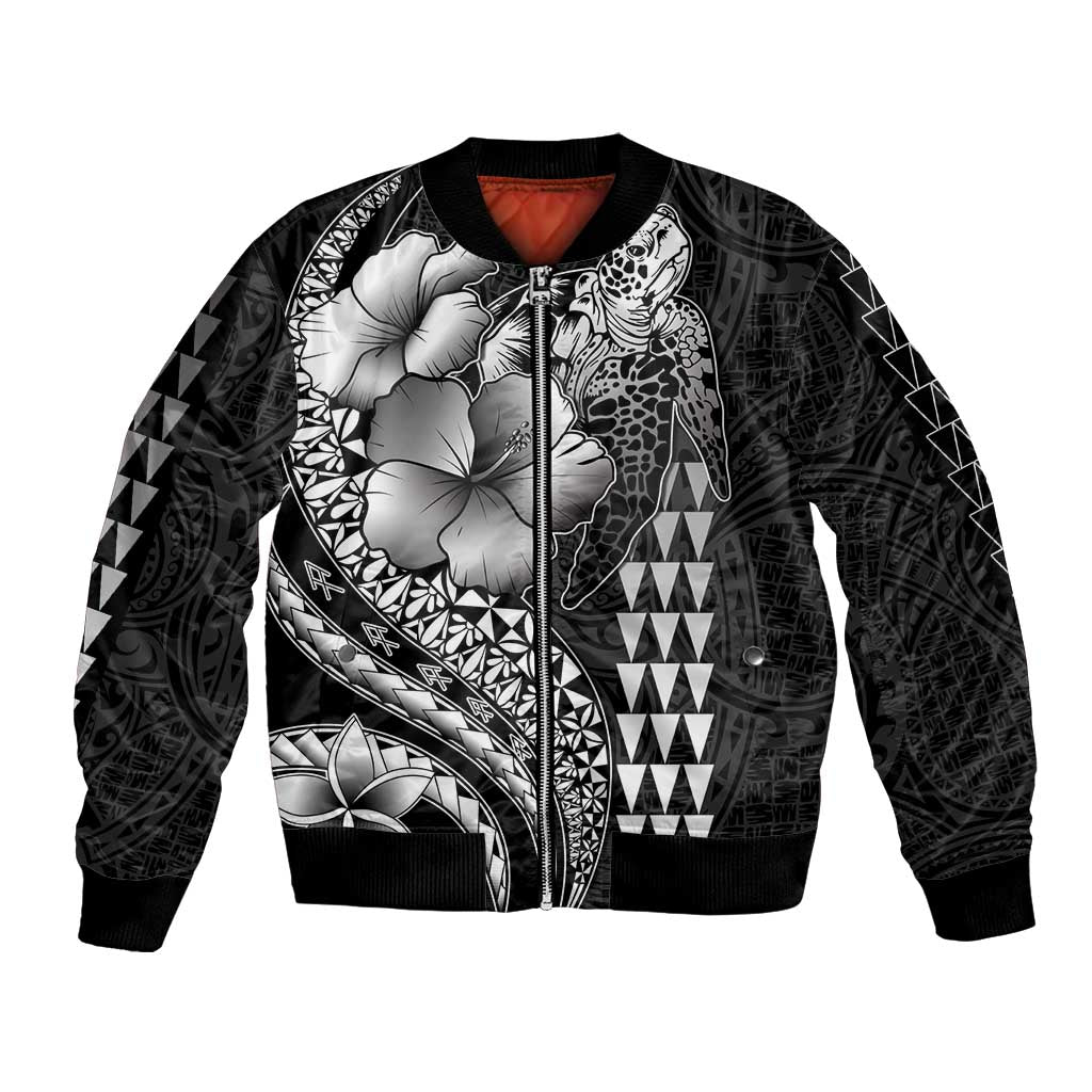 Hawaiian Sea Turtle Bomber Jacket Black Hibiscus Flowers and Kakau Pattern