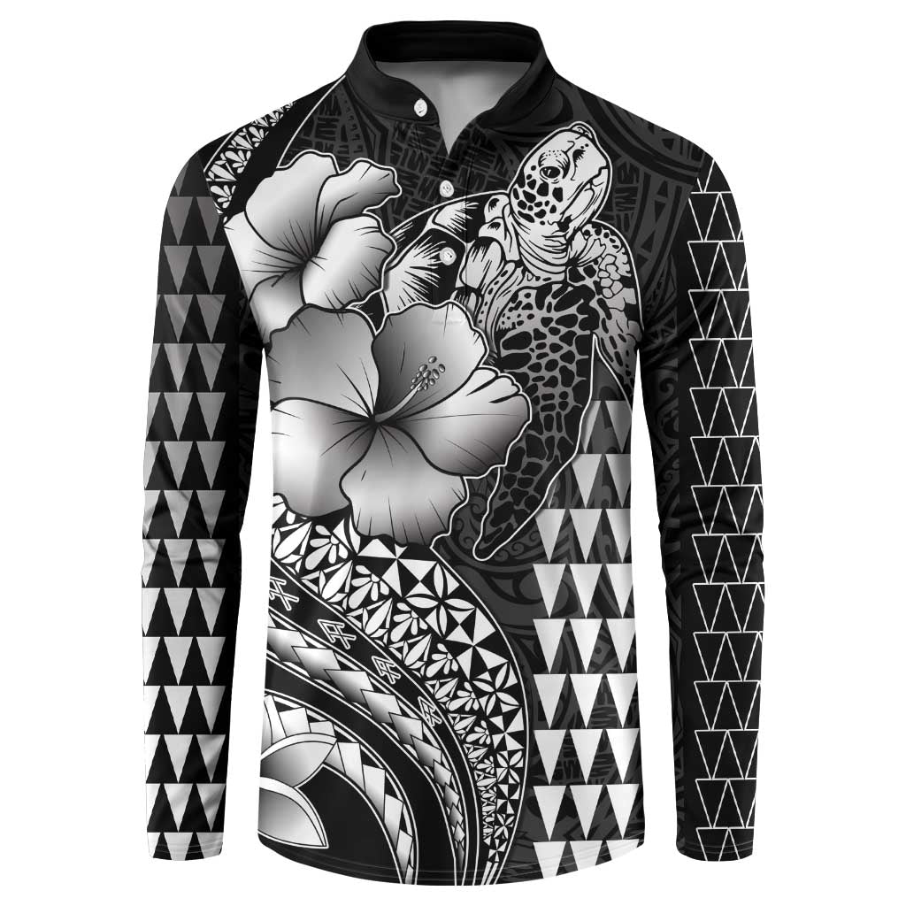 Hawaiian Sea Turtle Button Sweatshirt Black Hibiscus Flowers and Kakau Pattern