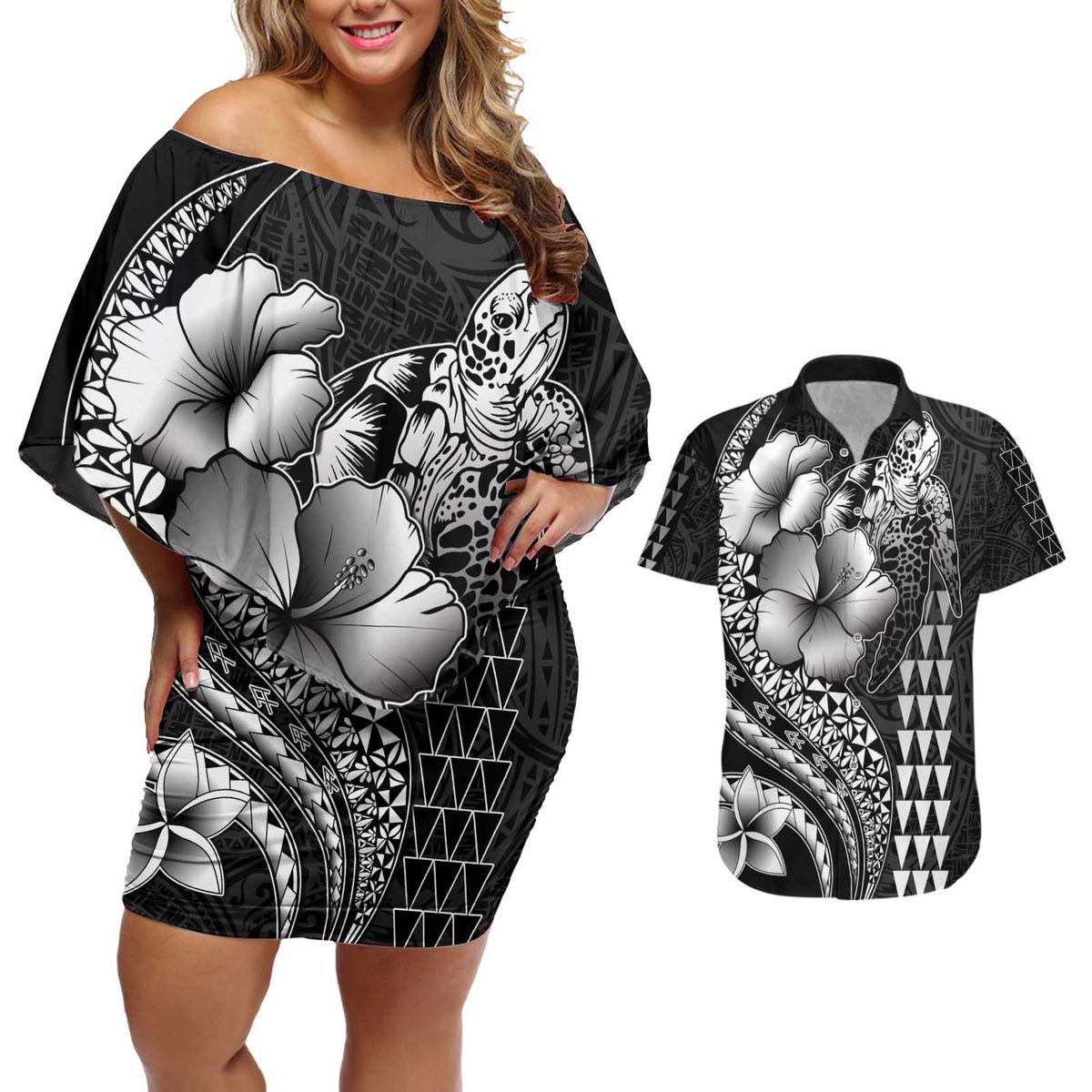 Hawaiian Sea Turtle Couples Matching Off Shoulder Short Dress and Hawaiian Shirt Black Hibiscus Flowers and Kakau Pattern