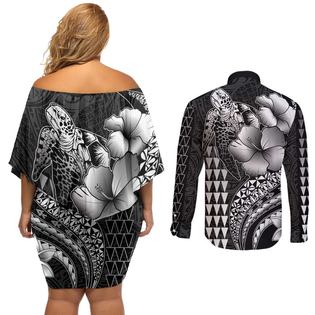 Hawaiian Sea Turtle Couples Matching Off Shoulder Short Dress and Long Sleeve Button Shirt Black Hibiscus Flowers and Kakau Pattern