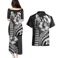 Hawaiian Sea Turtle Couples Matching Puletasi and Hawaiian Shirt Black Hibiscus Flowers and Kakau Pattern