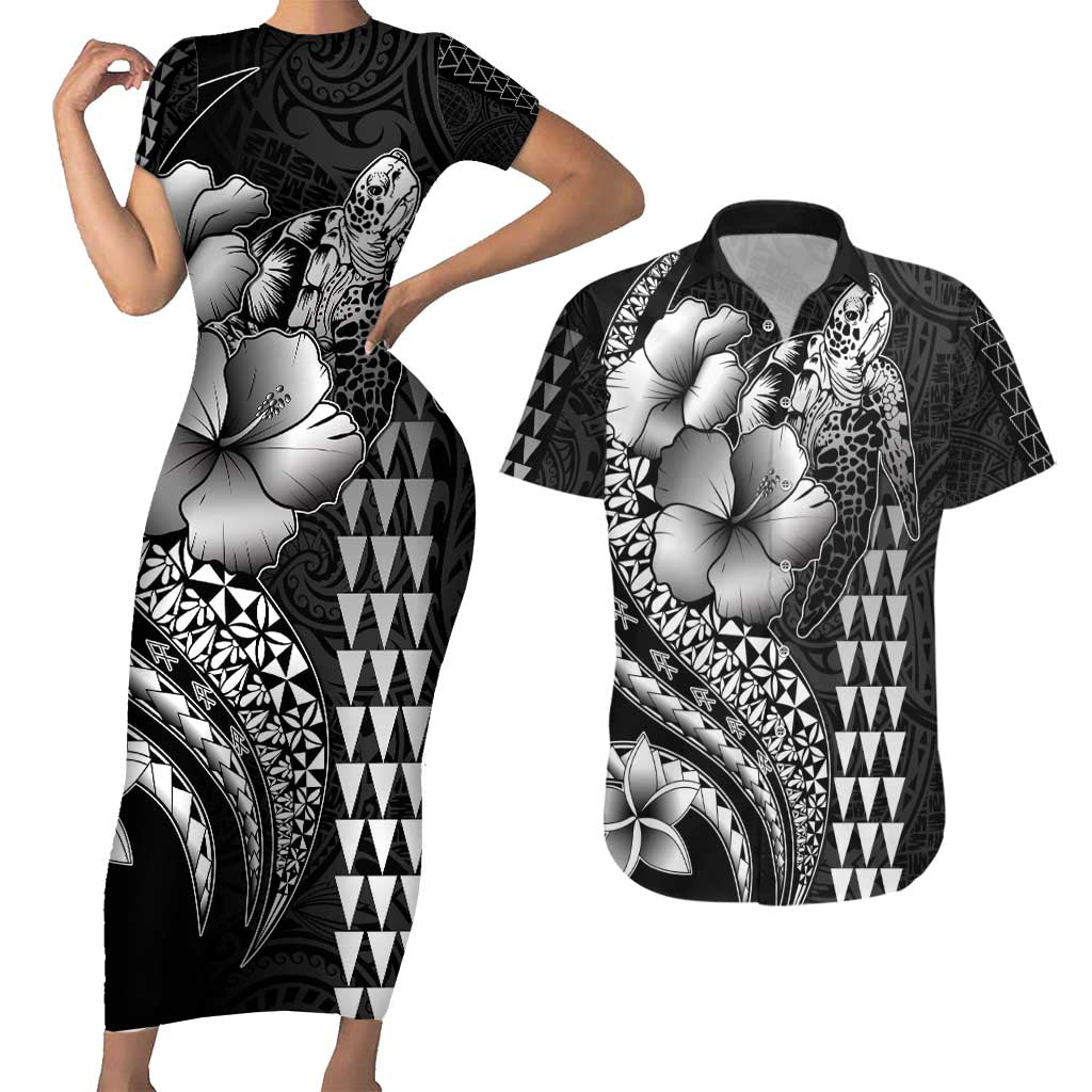 Hawaiian Sea Turtle Couples Matching Short Sleeve Bodycon Dress and Hawaiian Shirt Black Hibiscus Flowers and Kakau Pattern