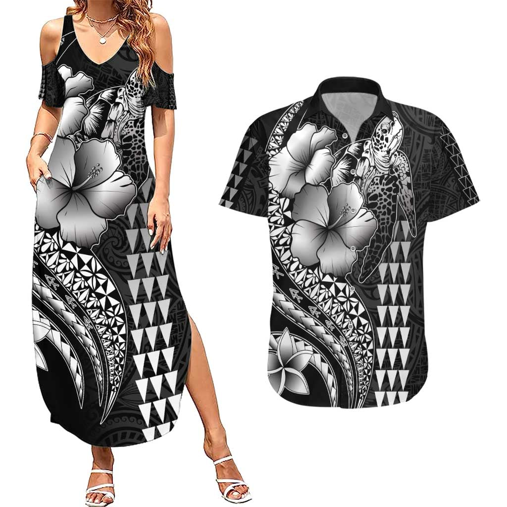 Hawaiian Sea Turtle Couples Matching Summer Maxi Dress and Hawaiian Shirt Black Hibiscus Flowers and Kakau Pattern