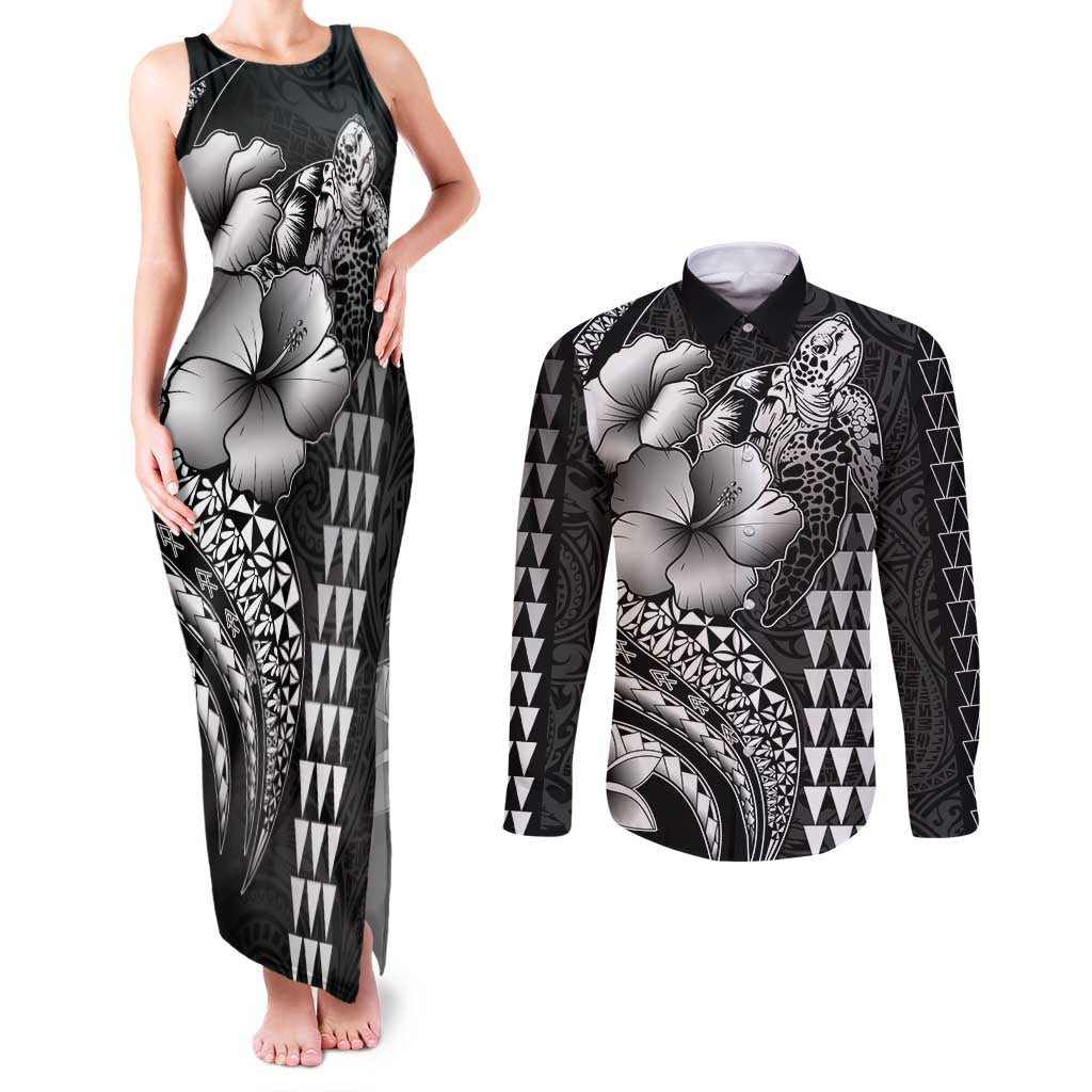 Hawaiian Sea Turtle Couples Matching Tank Maxi Dress and Long Sleeve Button Shirt Black Hibiscus Flowers and Kakau Pattern