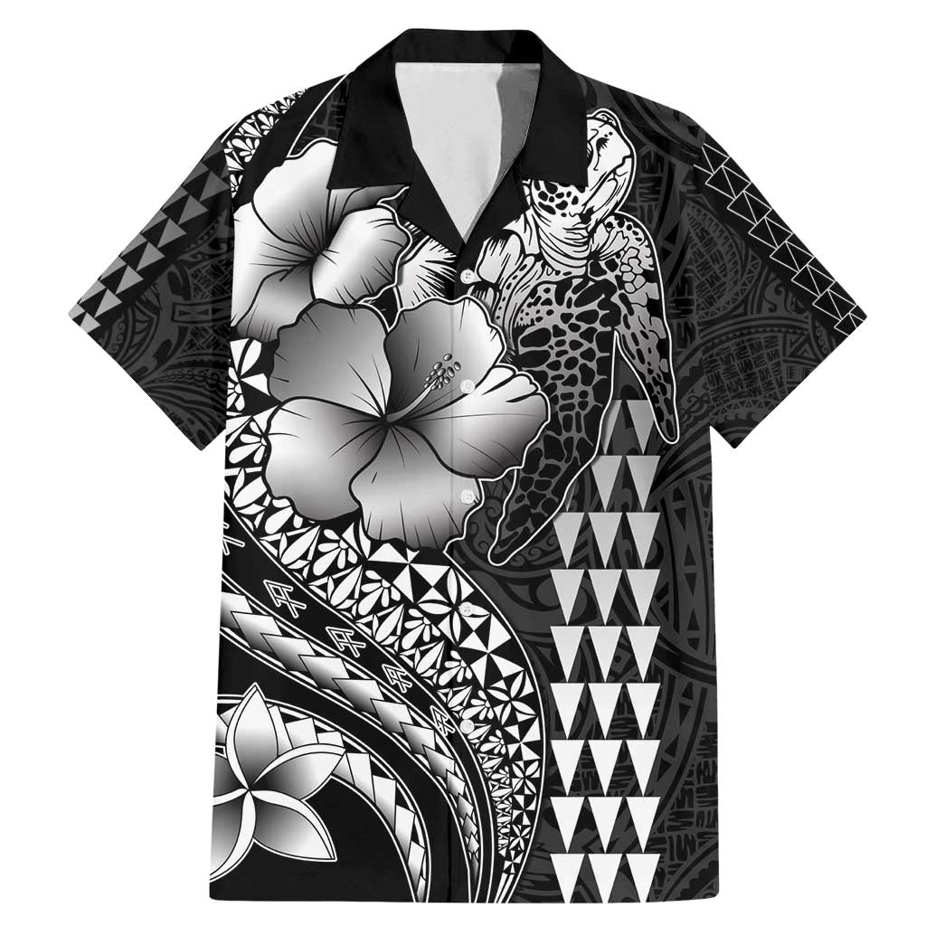 Hawaiian Sea Turtle Family Matching Mermaid Dress and Hawaiian Shirt Black Hibiscus Flowers and Kakau Pattern
