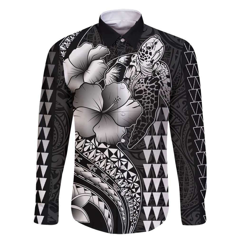 Hawaiian Sea Turtle Family Matching Mermaid Dress and Hawaiian Shirt Black Hibiscus Flowers and Kakau Pattern