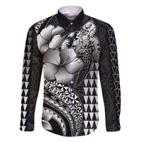 Hawaiian Sea Turtle Family Matching Mermaid Dress and Hawaiian Shirt Black Hibiscus Flowers and Kakau Pattern