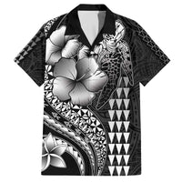 Hawaiian Sea Turtle Family Matching Off Shoulder Short Dress and Hawaiian Shirt Black Hibiscus Flowers and Kakau Pattern