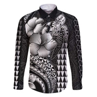 Hawaiian Sea Turtle Family Matching Off Shoulder Short Dress and Hawaiian Shirt Black Hibiscus Flowers and Kakau Pattern