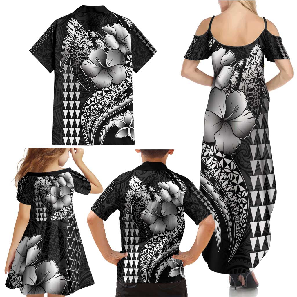 Hawaiian Sea Turtle Family Matching Summer Maxi Dress and Hawaiian Shirt Black Hibiscus Flowers and Kakau Pattern