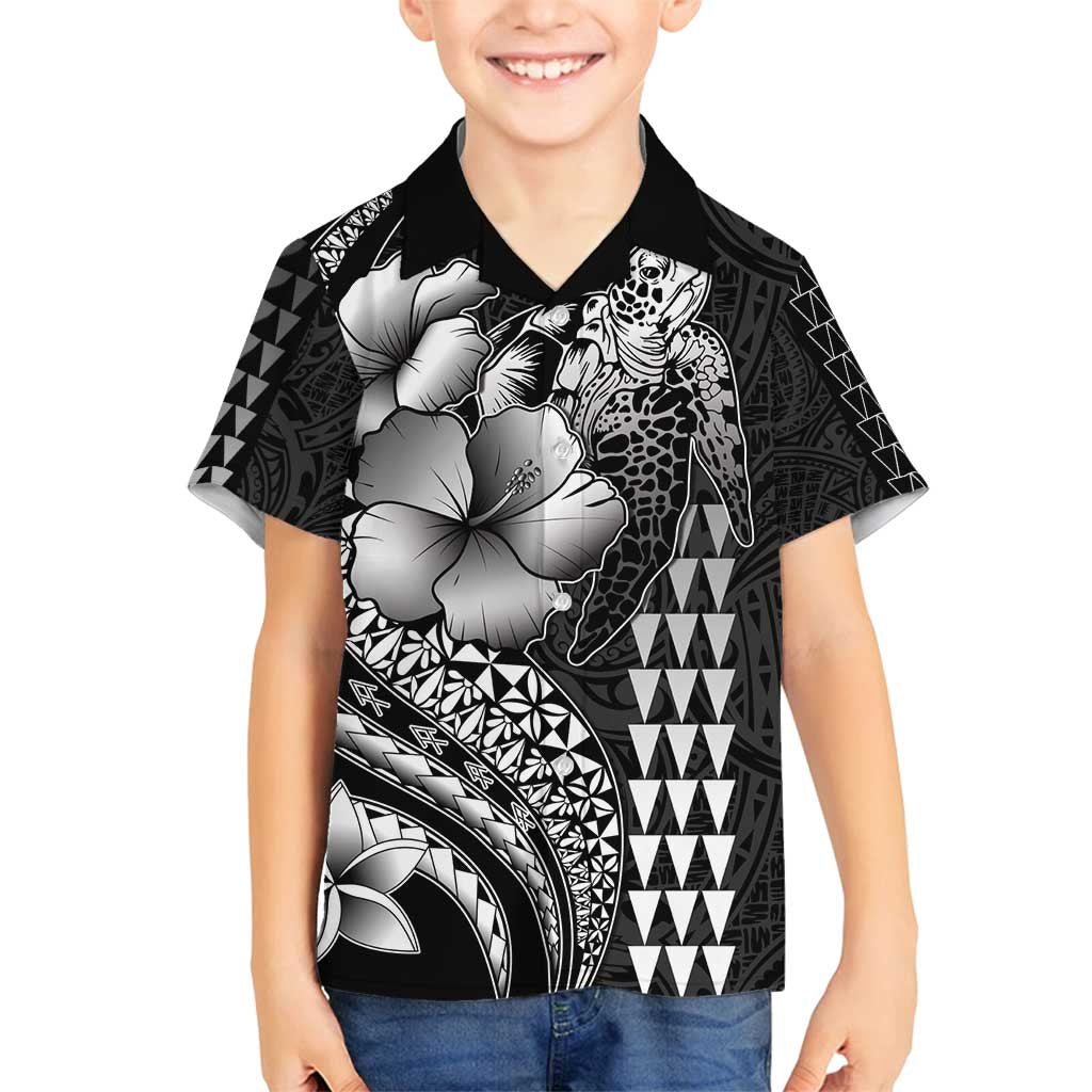 Hawaiian Sea Turtle Family Matching Tank Maxi Dress and Hawaiian Shirt Black Hibiscus Flowers and Kakau Pattern
