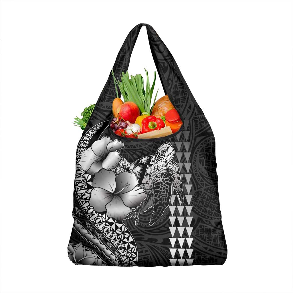 Hawaiian Sea Turtle Grocery Bag Black Hibiscus Flowers and Kakau Pattern